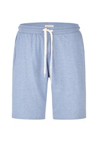 Pantalones cortos de un azul claro, texturizados, con una cintura elástica, cordón blanco y bolsillos laterales. Diseño casual para comodidad y facilidad de uso.