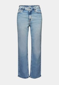 Vaqueros de mezclilla azul claro con corte recto, diseño de cintura alta, cinco bolsillos y costuras en contraste. Acabado ligeramente desgastado.