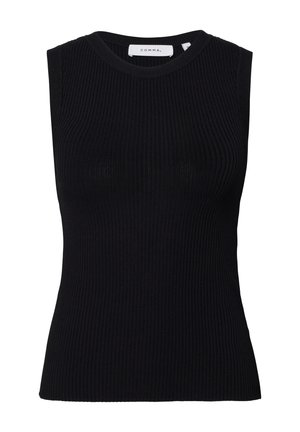 Schwarzes ärmelloses Oberteil mit gerippter Textur, runder Halslinie und geradem Saum. Der Stoff wirkt weich und leicht dehnbar.