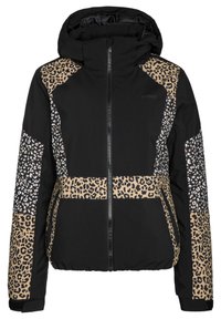 Veste noire zippée avec capuche, avec des empiècements imprimés léopard aux épaules, manches et taille, conçue pour temps froid.