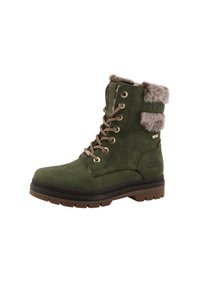 Grønne ruskinds ankelstøvler med falsk pelskant, metalhuller og brune snørebånd. Har en gummisål med tekstureret greb og præget branding.