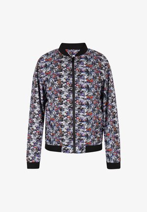 Bomber jacket with a vibrant, multicolor pattern featuring black, gray, and red accents. It has a black collar, cuffs, and zip closure.