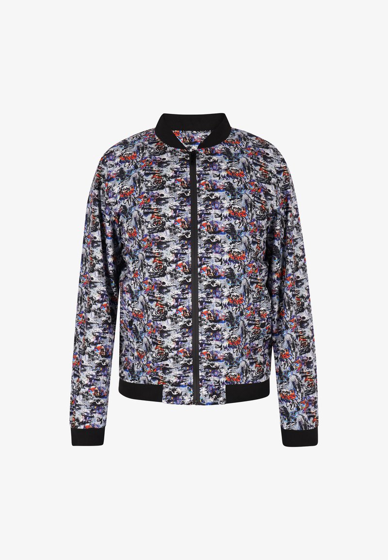 Bomberjack met een levendig, multicolor patroon met zwarte, grijze en rode accenten. Het heeft een zwarte kraag, manchetten en ritssluiting.