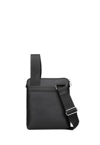 Borsa crossbody in pelle sintetica nera con tracolla regolabile, chiusura a zip, texture liscia e design minimalista.