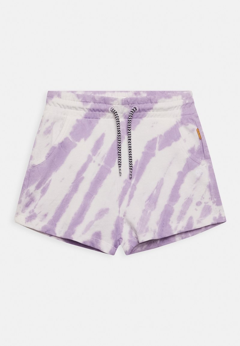 Shorts tie-dye violet clair et blanc avec un cordon noir et blanc et des poches latérales, présentés sur fond blanc.