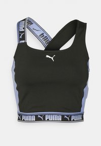 Schwarzes Sport-Bustier mit hellblauen Seitenpanels und breitem Bund, der mit dem wiederholten schwarzen "PUMA"-Text versehen ist. Die Träger sind im Kreuz-Design mit Logo.