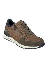 Baskets en cuir marron avec une fermeture éclair sur le côté, bout rond et semelle blanche contrastante avec des accents rouges. Lacets gris et finition texturée.