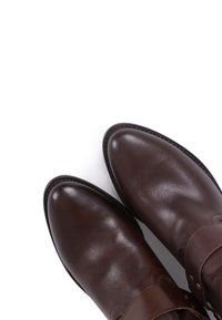 Een paar donkerbruine leren cowboylaarzen met puntige neuzen op een witte achtergrond.