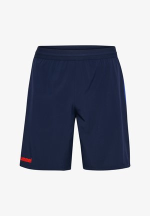 Shorts de sport bleu marine avec taille élastique et logo rouge "hummel" sur la jambe gauche, conçus pour le sport ou une tenue décontractée.