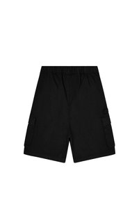 Shorts cargo neri con vita elasticizzata, due tasche laterali e finitura in tessuto strutturato. Design casual con vestibilità rilassata.