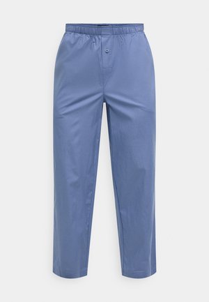 Light blue pants with an elastic waistband, front button closure, and a straight-leg design. Smooth texture and plain finish.