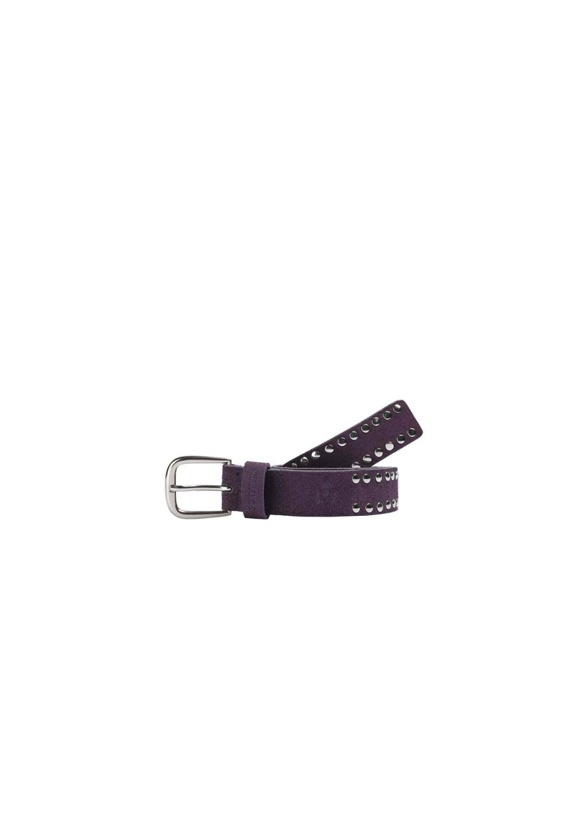 Purple suede belt with silver studs along one edge and a rectangular metal buckle. Features a soft texture and a slender design.