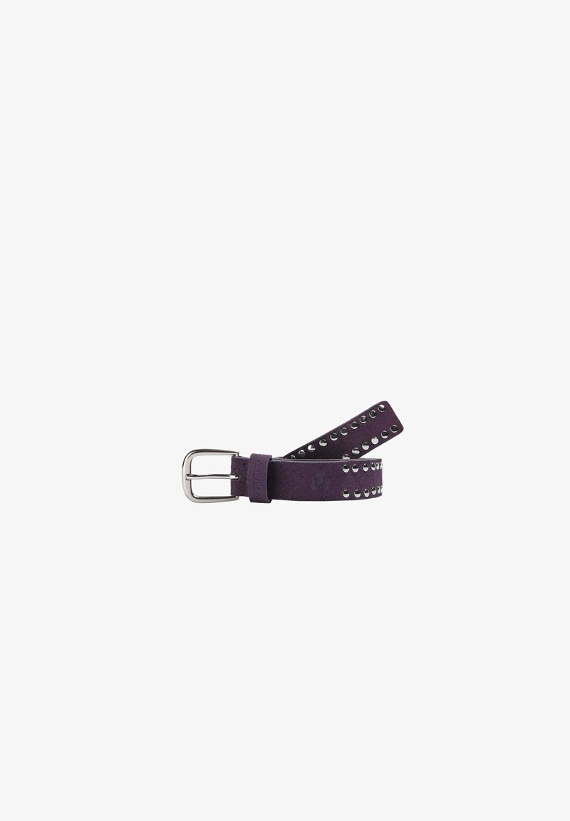 Purple suede belt with silver studs along one edge and a rectangular metal buckle. Features a soft texture and a slender design.