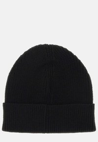 Bonnet en tricot noir avec un revers côtelé. Présente un motif texturé et un sommet sans couture, fabriqué dans un matériau doux et extensible.