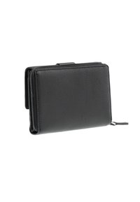 Czarny skórzany portfel o fakturowanym wykończeniu, z zamkiem błyskawicznym i wieloma przegródkami. Kompaktowy prostokątny kształt bez widocznego logo.