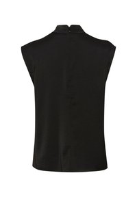Top nero senza maniche con scollatura alta e cerniera posteriore visibile. Texture liscia con vestibilità rilassata e orlo leggermente curvo.