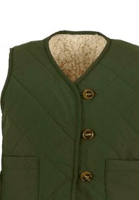 Gilet trapuntato verde con scollatura a V, rivestimento beige soffice e tre bottoni marroni. Presenta due tasche laterali.