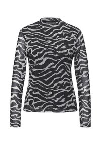 Langärmliges Oberteil aus transparentem schwarzem Stoff mit scharfen weißen Zebra-Streifen, mit hohem Kragen und figurbetonter Silhouette.