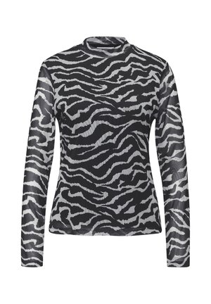 Langärmliges Oberteil aus transparentem schwarzem Stoff mit scharfen weißen Zebra-Streifen, mit hohem Kragen und figurbetonter Silhouette.
