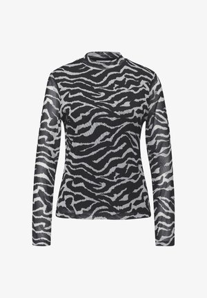 Langærmet top i gennemsigtigt sort stof med skarpe hvide zebra-striber, med høj hals og tætsiddende silhuet.