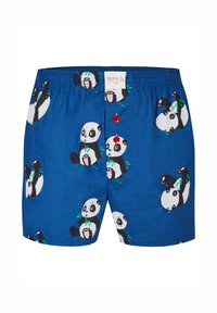 Blauwe boxershorts met een panda patroon in zwart en wit, elastische tailleband en twee rode decoratieve knopen.