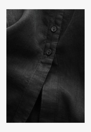 Schwarzes Leinenhemd mit Knopfleiste, glatter Textur, subtiler Sheen und klassischem Kragen. Nahaufnahme betont den Stoff und die Knöpfe.