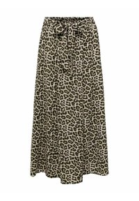 Gonna maxi in stampa leopardata in tonalità beige e marrone scuro, caratterizzata da una vita elasticizzata e un dettaglio di fiocco annodato. Realizzata in un tessuto leggero e morbido.
