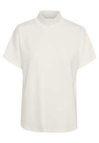 Short-sleeve, high-neck top in soft white fabric. Features a minimalist design with a relaxed fit and smooth texture, no visible patterns.