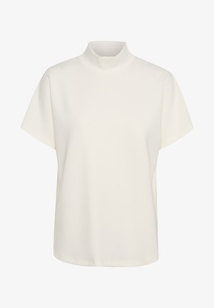 Haut à manches courtes et col montant en tissu blanc doux. Présente un design minimaliste avec une coupe décontractée et une texture lisse, sans motifs visibles.