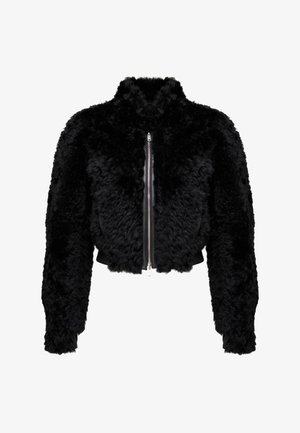 Giacca bomber in pelliccia sintetica nera con colletto alto e chiusura con zip. Presenta un design corto e una superficie texturizzata e soffice.