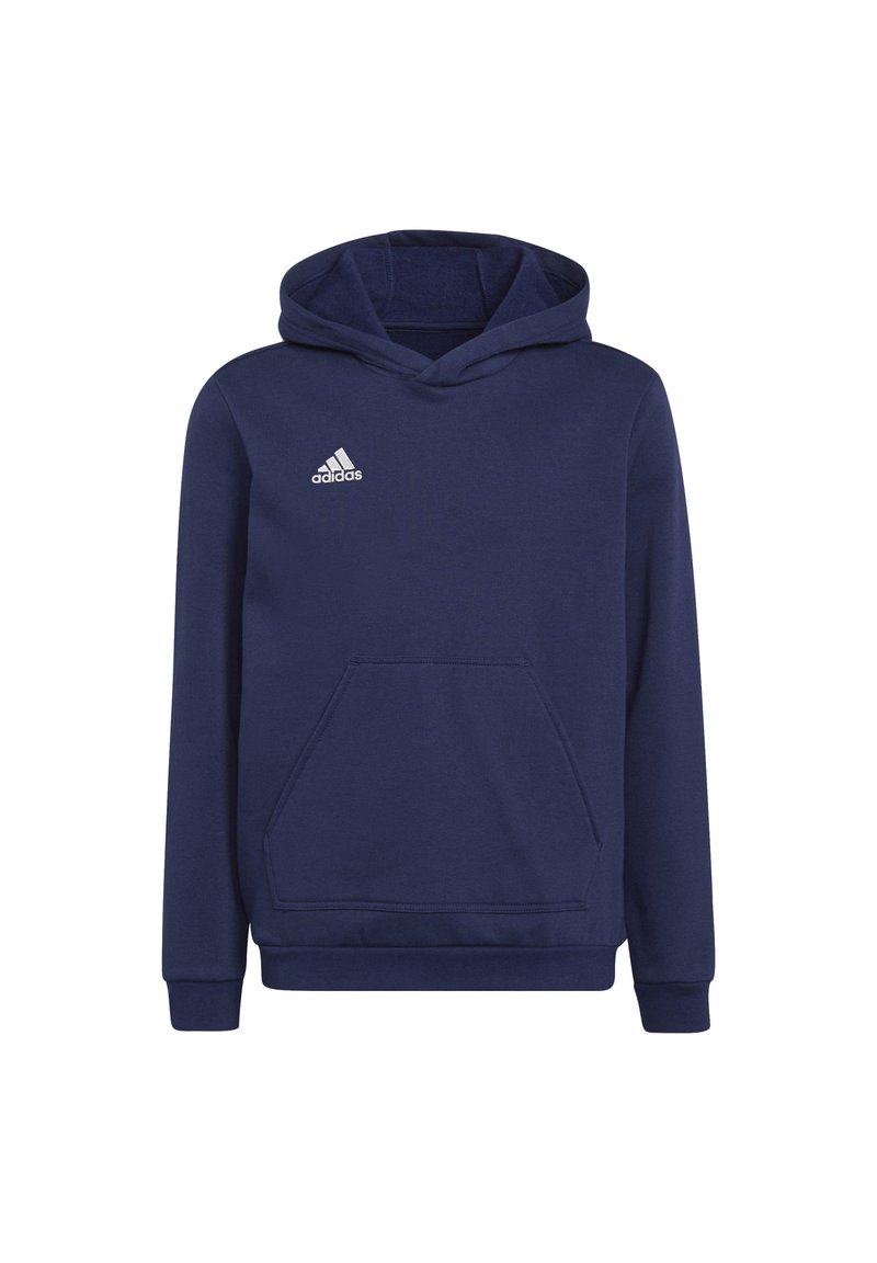Marinblå bomullshuvtröja med en ficka fram, dragsko i huvan och vit Adidas-logotyp på bröstet. Har elastiska muddarna och nederkanten.