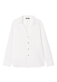 Weißes Langarmshirt aus leichtem Stoff, mit einer durchgehenden Knopfleiste und schwarzen Knöpfen sowie einem lockeren Schnitt. Mit Kragen-Design.