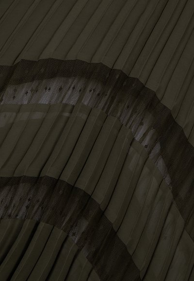 Olive green pleated fabric with alternating semi-sheer mesh stripes creating a textured, layered pattern.