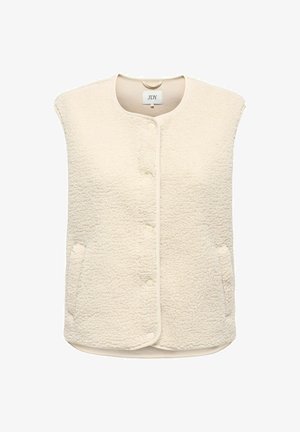 Bela flisasta brezrokavnik z mehkimi teksturami, okroglim izrezom, sprednjim gumbom in dvema stranskima žepoma.