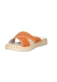 Orange slip-on sandal with perforated upper, shaped cross-strap design, and textured cream sole featuring rounded grooves.