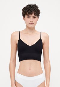 Brassière noire côtelée avec de fines bretelles et un décolleté en V, présentant une bande ajustée en bas. Le modèle porte des dessous blancs taille haute.