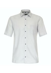 Kurzarmgraues Hemd mit Knopfleiste, strukturiertem Stoff, einer Brusttasche und fünf schwarzen Knöpfen, klassischem Kragen und dezentem Muster.