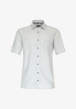 Koszula krótki rękaw w kolorze szarym, z teksturowanej tkaniny, z kieszonką na piersi i pięcioma czarnymi guzikami, klasycznym kołnierzykiem oraz subtelnym wzorem.