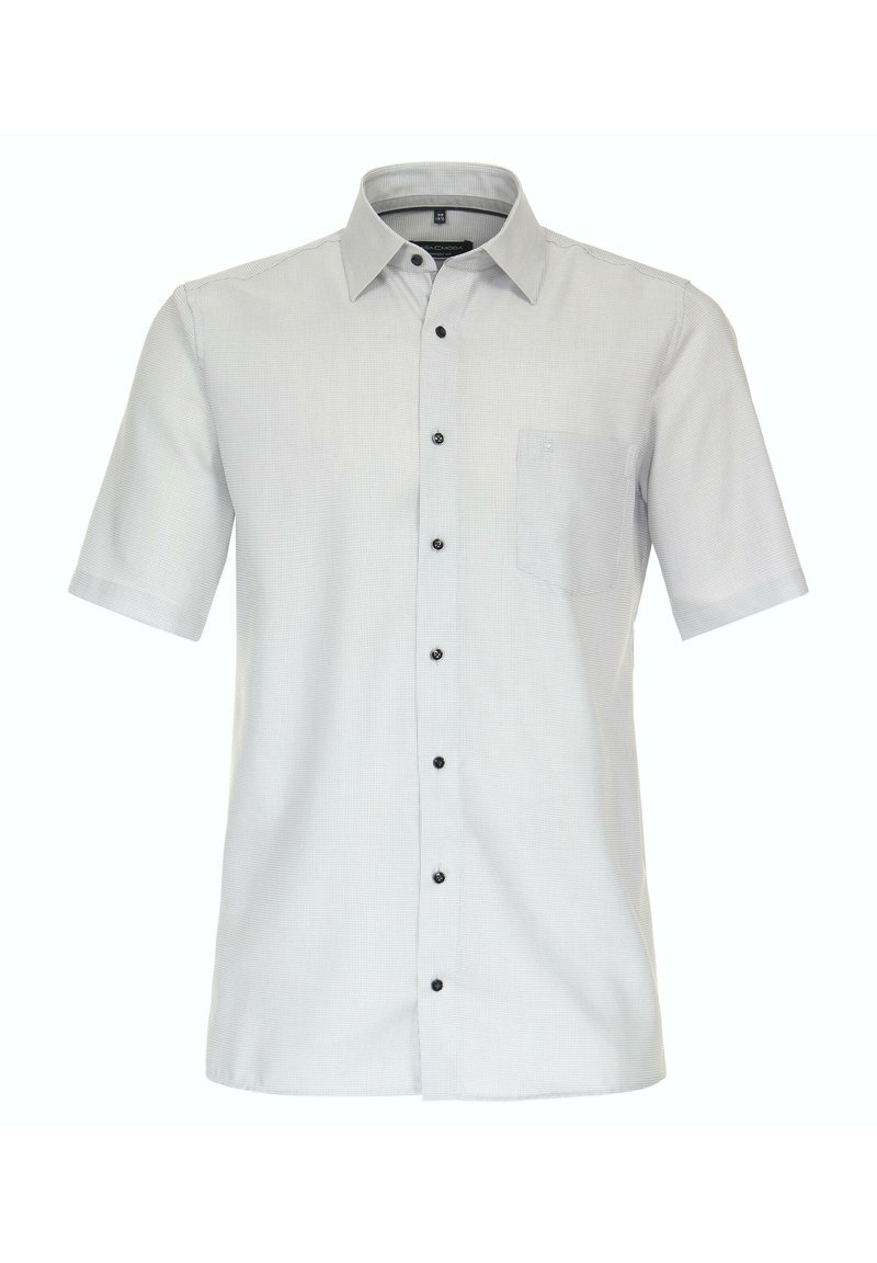 Kurzarmgraues Hemd mit Knopfleiste, strukturiertem Stoff, einer Brusttasche und fünf schwarzen Knöpfen, klassischem Kragen und dezentem Muster.