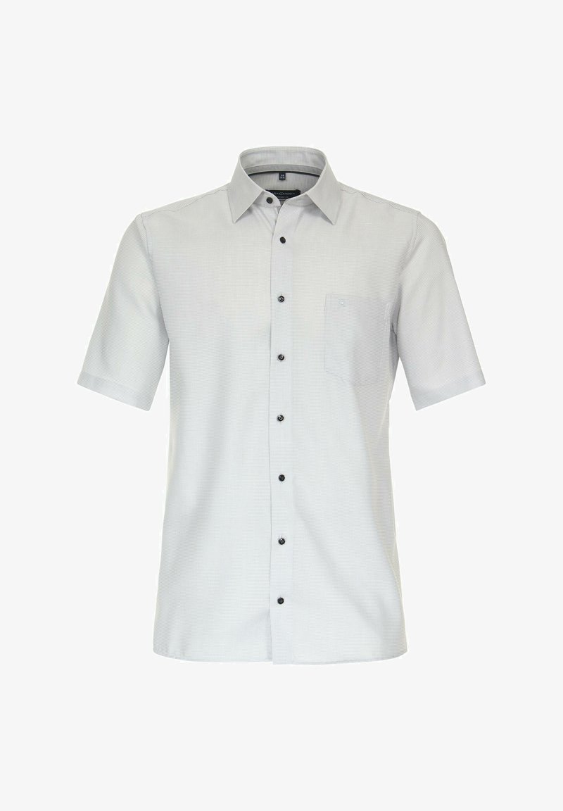 Kurzarmgraues Hemd mit Knopfleiste, strukturiertem Stoff, einer Brusttasche und fünf schwarzen Knöpfen, klassischem Kragen und dezentem Muster.