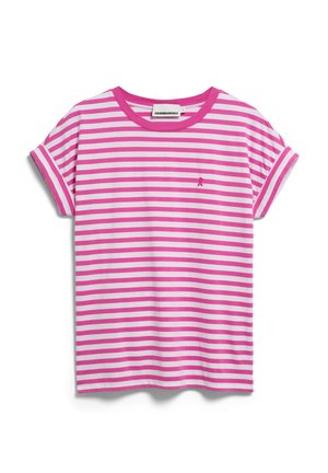 T-shirt à manches courtes rayé horizontalement rose et blanc, avec des revers roulés et un petit logo brodé sur la poitrine gauche.