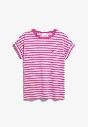 Roze-wit horizontaal gestreept T-shirt met korte mouwen, omgeslagen manchetten en een klein geborduurd logo op de linkerborst.