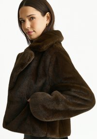 Brown faux fur coat with a high collar, featuring a soft texture, wide sleeves, and a slightly cropped design.