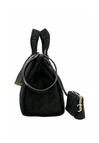 Zwarte corduroy handtas met twee bovenhandvaten en een afneembare kleine tas. Bevat gouden hardware en heeft een gestructureerde, ronde vorm.