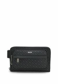 Black textured BOSS waist bag with front zip pocket, silver zipper pull, and adjustable side strap.