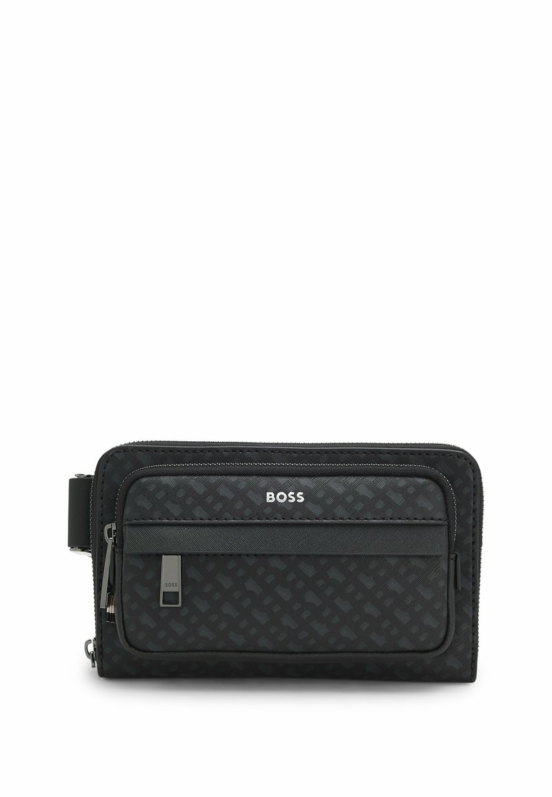 Black textured BOSS waist bag with front zip pocket, silver zipper pull, and adjustable side strap.