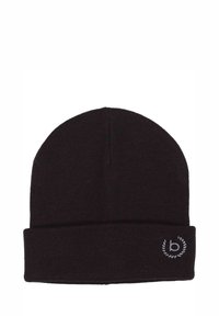 Juoda megzta kepurė su sulankstytu kraštu, pagaminta iš minkštos medžiagos. Ant krašto siuvinėtas subtilus pilkas logotipas.