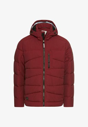 Rote Daunenjacke mit Kapuze, gestepptem Design, vorderem Reißverschluss und einer Reißverschlusstasche auf der Brust. Besitzt ein kontrastierendes hellblaues Futter.