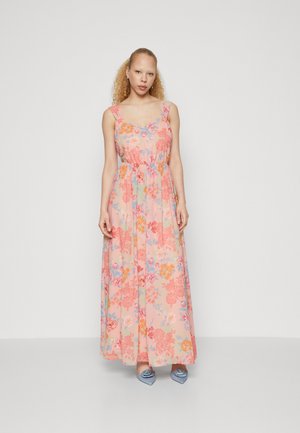 Abito maxi con motivo floreale in rosa pastello, con spalline regolabili e corpetto aderente. Tessuto morbido, silhouette lunga e fluida.