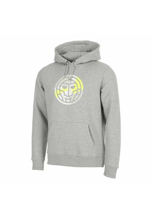 Light gray hooded sweatshirt with front pocket and a circular abstract face logo in white and yellow on the chest.